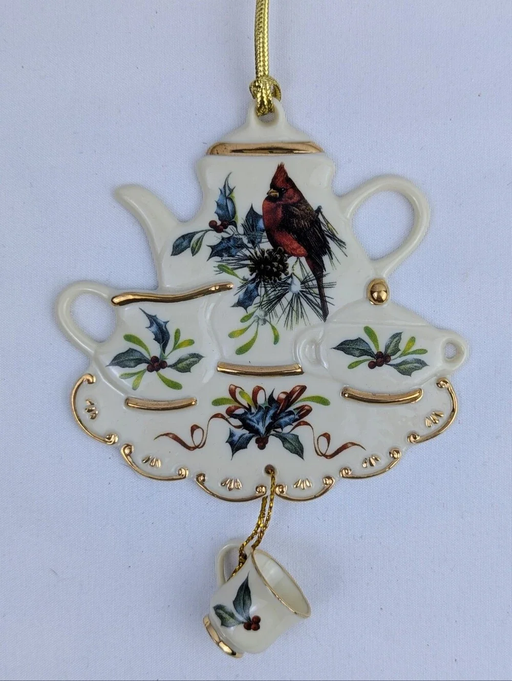 Lenox Cardinal On Pine Boughs & Holly Tea Theme Holiday Christmas Ornament